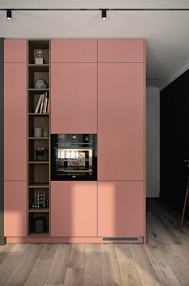 Розовая угловая малогабаритная кухня большого размера встроенная в стиле минимализм от производителя на заказ БЕРИНГЕН