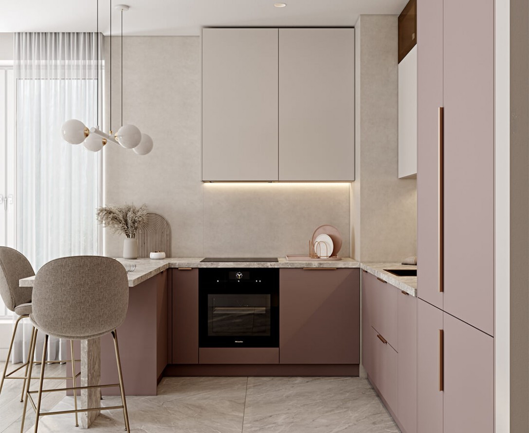 Кухонная мебель большого размера встраиваемая розовая п-образная в стиле минимализм под заказ ДЭЙЗИ