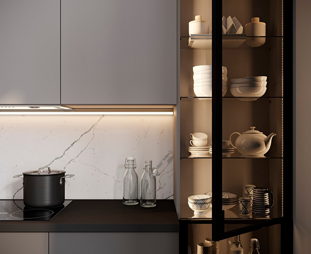 Кухня серого цвета минималистичная прямая встроенная под заказ МУССОН