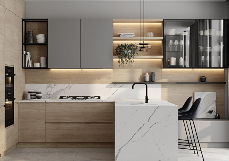 Кухня серого цвета большого размера встраиваемая на заказ в минималистичном стиле НОРД