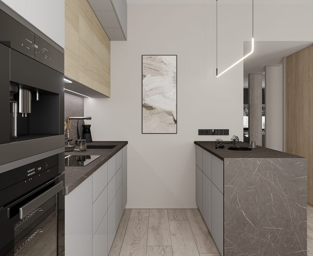 Кухня серого цвета встроенная из пластика островная прямая модерн АРТСТОУН в белом цвете от производителя под заказ