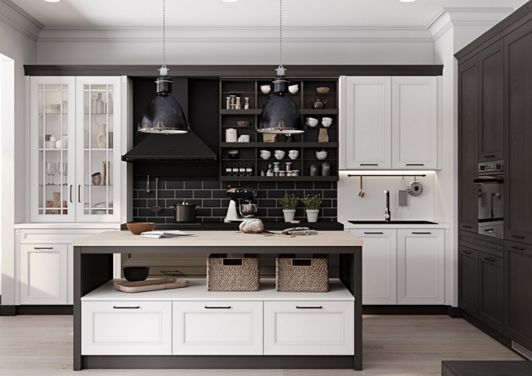 Кухонная мебель большого размера белого цвета встроенная на заказ угловая с островом Т520 СЕВЕРИН от производителя
