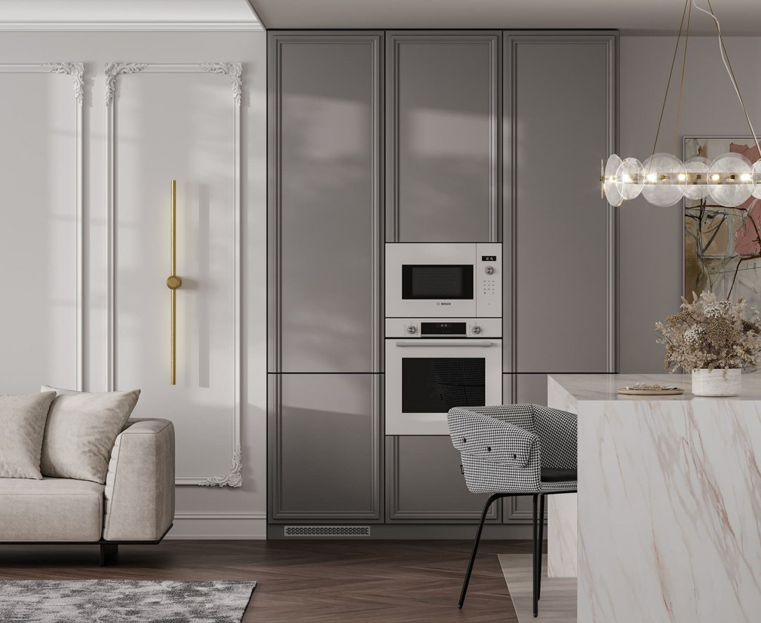 Кухонная мебель серого цвета угловая встроенная в стиле модерн ВИЧЕНЦА на заказ от производителя