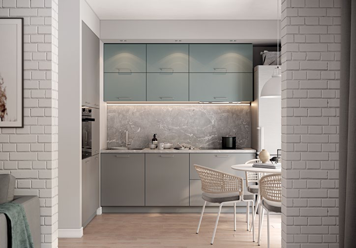 Кухонная мебель серого цвета маленького размера в стиле лофт угловая под заказ БРИЗ от производителя