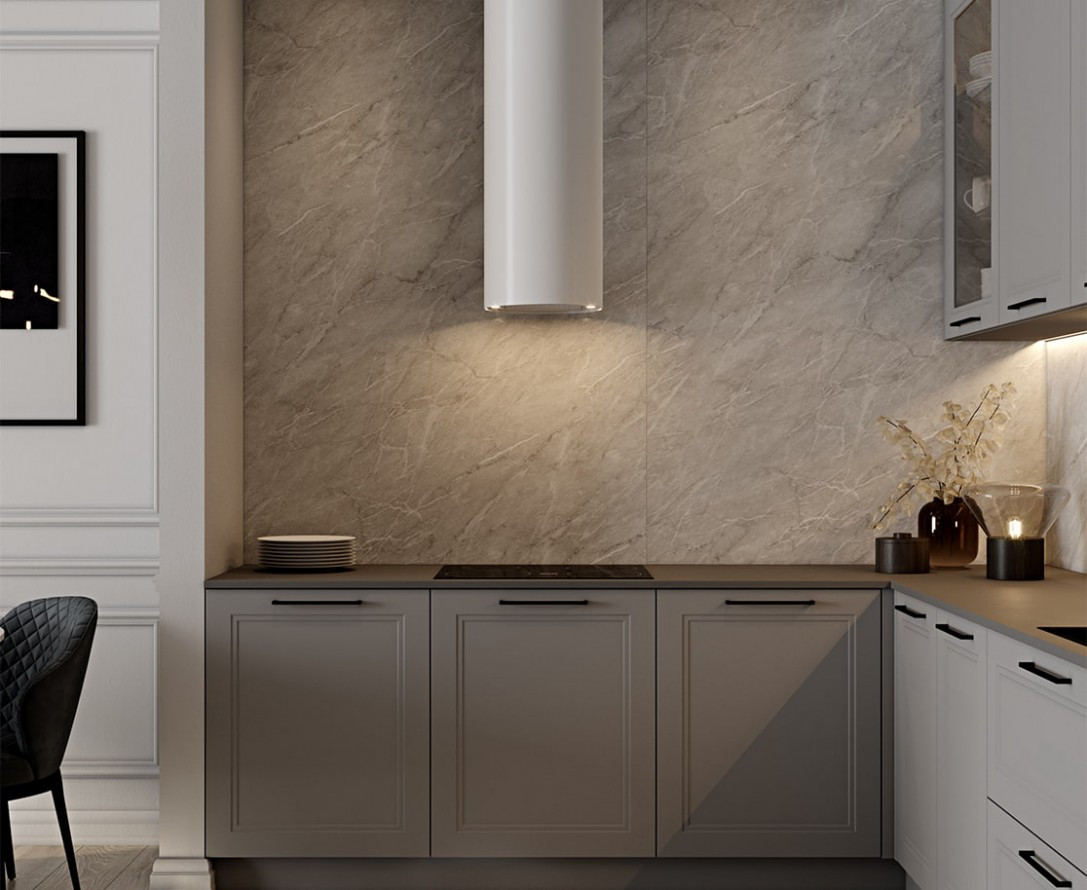 Кухня серого цвета встроенная П-образная минимализм на заказ Эйвон