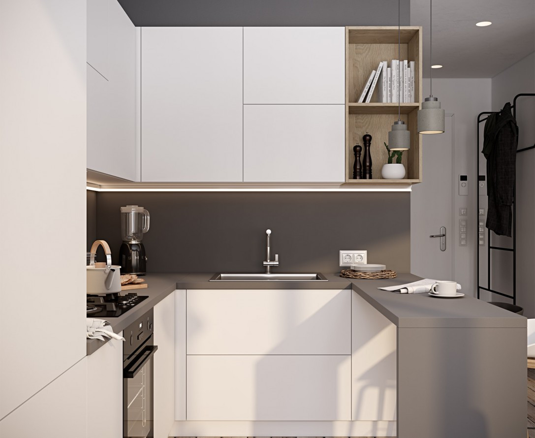 Кухонный гарнитур белого цвета П-образный в минималистичном дизайне БЛАНКО под заказ от производителя