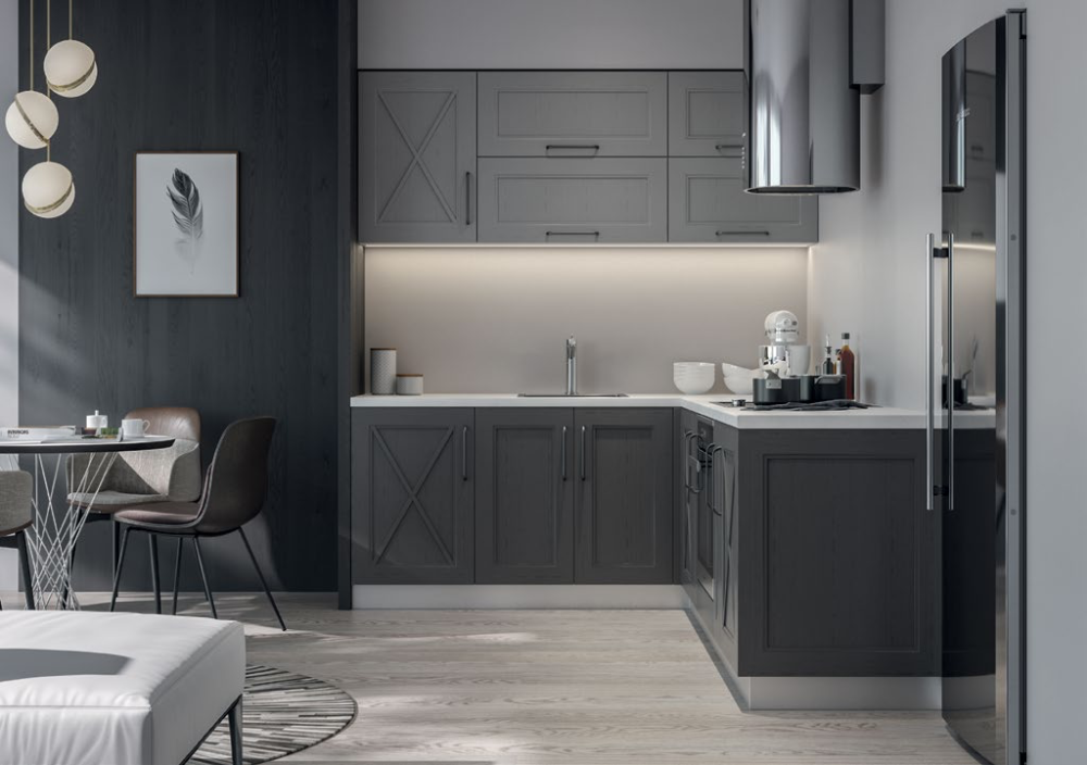 Кухонная мебель серого цвета в стиле лофт маленького размера на заказ МАРСЕЛЬ-5 ЭКОНОМ