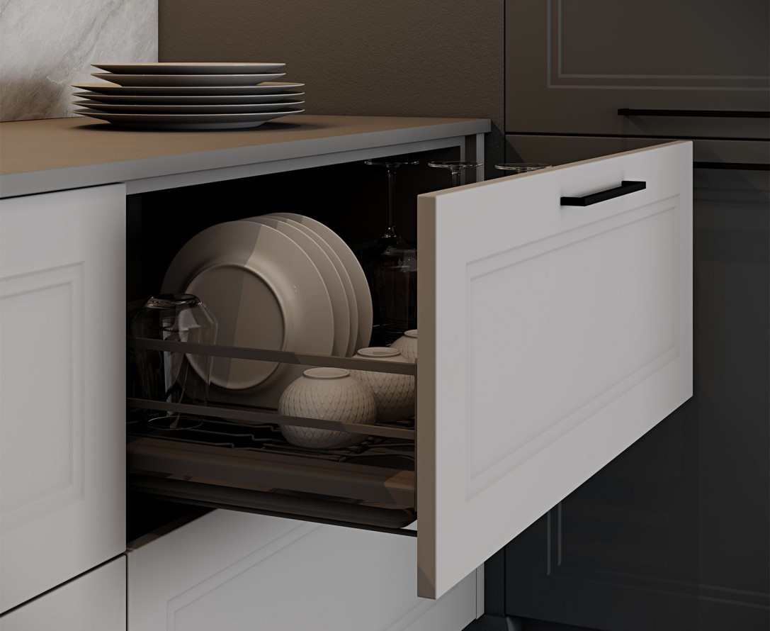 Кухня серого цвета встроенная П-образная минимализм на заказ Эйвон