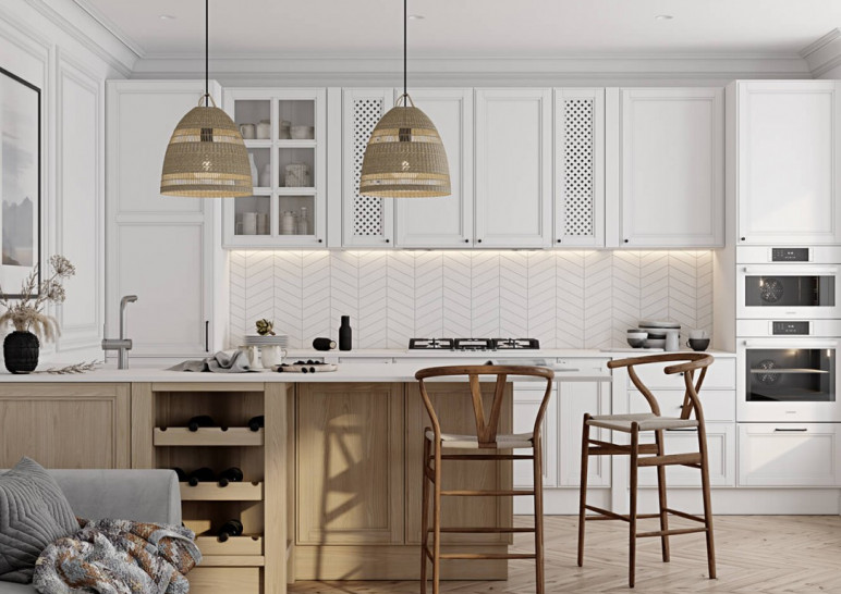 Кухонная мебель белого цвета классическая встраиваемая на заказ Т709 ФОРТВУД