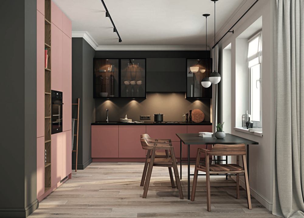 Розовая угловая малогабаритная кухня большого размера встроенная в стиле минимализм от производителя на заказ БЕРИНГЕН