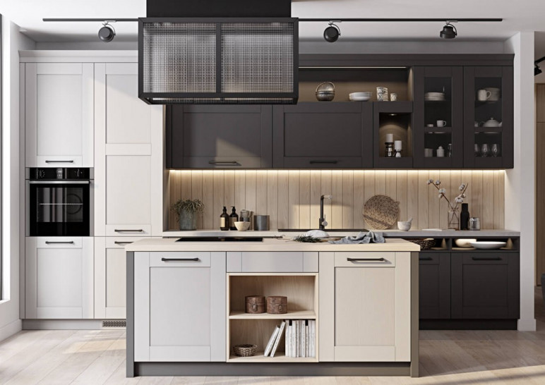 Большая островная черно-белая классическая кухонная мебель встраиваемая от производителя Тироль под заказ